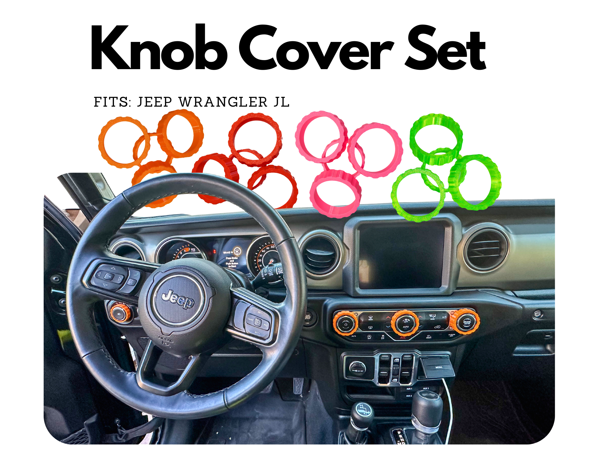 Knob Cover Set for Jeep Wrangler JL, Gladiator Rubicon 392, Wrangler, Willys, 4xe, Sahara, Rubicon, High Altitude, interior accessories