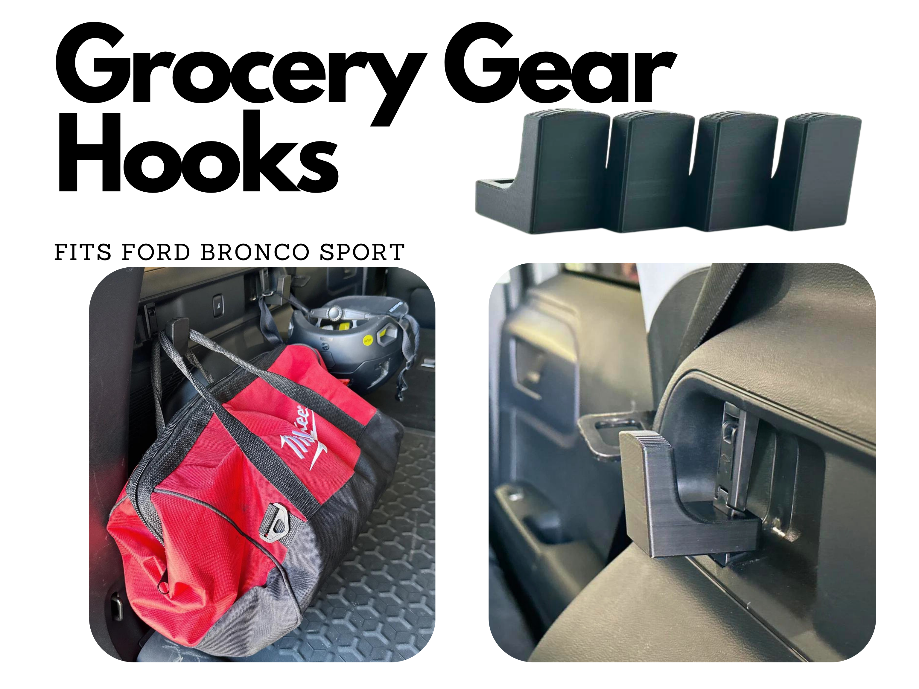 Grocery Gear Hooks (4 Pack) fits Ford Bronco Sport 21 22 23 - Easily Transport Groceries and Belongings Single Fixed Hook